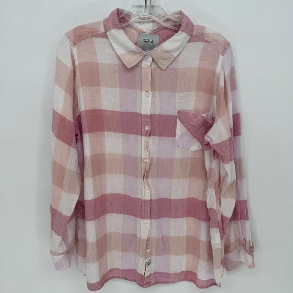 Rails Charli Pip Peach Blus White Plaid Linen Blend Button Down Shirt Large - Picture 2 of 8